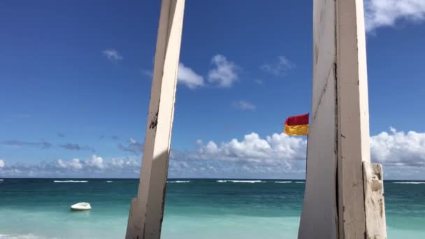 De geopende deur op het tropische strand in zonnige dag. Vrijheid reizen concept. Bali eiland. — Stockvideo