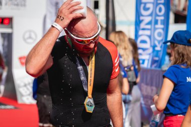 MOSCOW, RUSSIA - 25 Ağustos 2019: Ironstar Crocus Fitness Triatlon 2019 'un bitiş çizgisi.