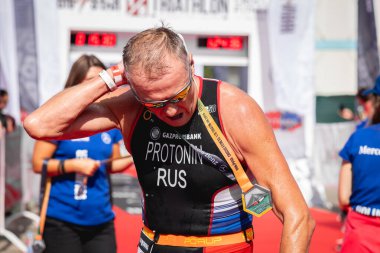 MOSCOW, RUSSIA - 25 Ağustos 2019: Ironstar Crocus Fitness Triatlon 2019 'un bitiş çizgisi.