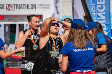 MOSCOW, RUSSIA - 25 Ağustos 2019: Ironstar Crocus Fitness Triatlon 2019 'un bitiş çizgisi.