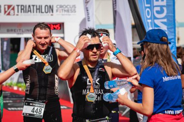 MOSCOW, RUSSIA - 25 Ağustos 2019: Ironstar Crocus Fitness Triatlon 2019 'un bitiş çizgisi.
