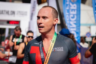 MOSCOW, RUSSIA - 25 Ağustos 2019: Ironstar Crocus Fitness Triatlon 2019 'un bitiş çizgisi.