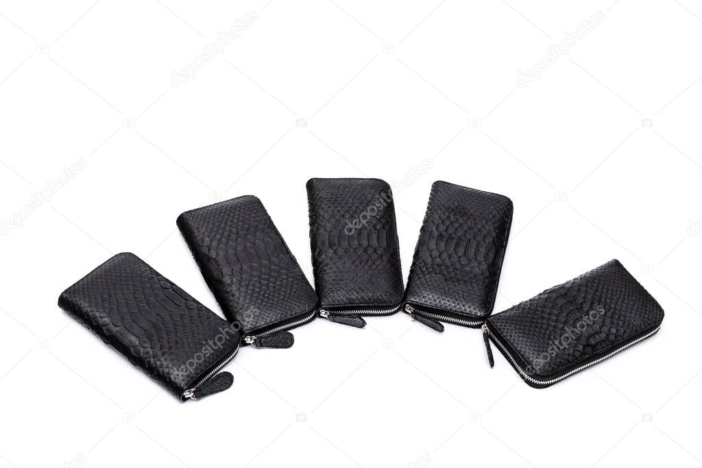 Fashion luxury snakeskin python black wallets isolated on a white background.
