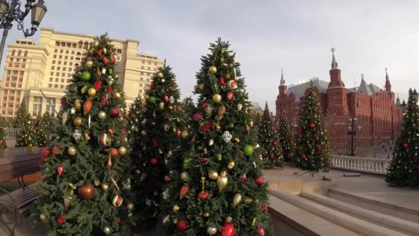 Μόσχα, Ρωσία - 24 Νοεμβρίου 2019: Χριστουγεννιάτικα δέντρα στην πλατεία Manezhnaya, Κρεμλίνο, Κόκκινη Πλατεία. — Αρχείο Βίντεο