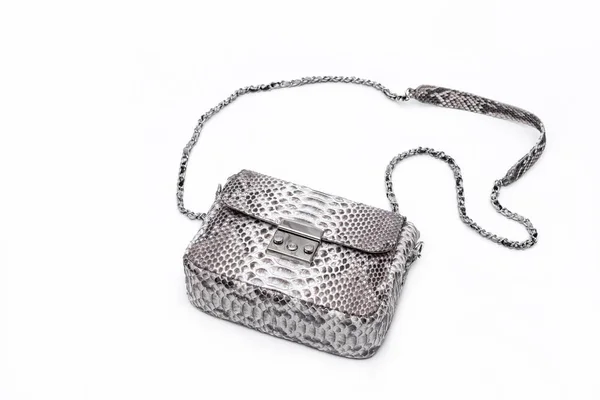 Fashion luxury snakeskin python handbag isolated on a white background. — Stock Photo, Image