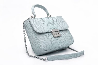 Beyaz arka planda izole edilmiş, lüks yılan derisi piton çantalı..