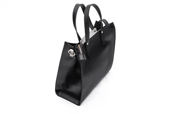 Luxury fashion women leather black handbag isolated on a white background. — Stock Photo, Image