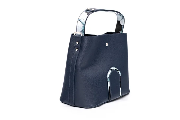 Luxus divat nők bőr kék táska elszigetelt fehér háttér. — Stock Fotó
