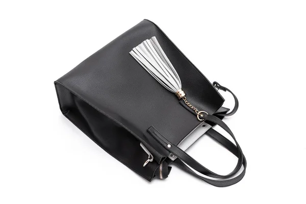 Luxus-Mode Frauen Leder schwarze Handtasche isoliert auf weißem Hintergrund. — Stockfoto