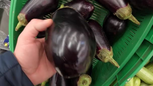 Mão de homem escolhendo berinjela em um mercado de alimentos orgânicos. Alimentos frescos orgânicos saudáveis . — Vídeo de Stock