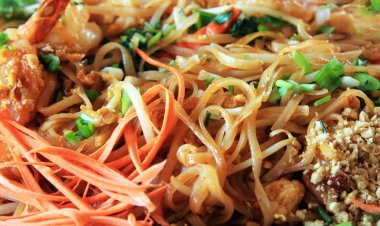 Pirinç Noodle çatal ile tavuk