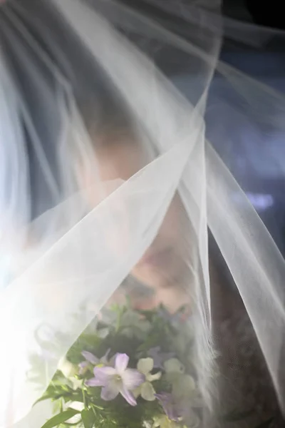 La belle mariée est fermée par un voile — Photo