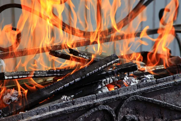 Brandhout branden in de oven — Stockfoto