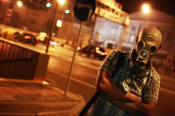 Man Gas Mask Night Street — Stock Photo, Image