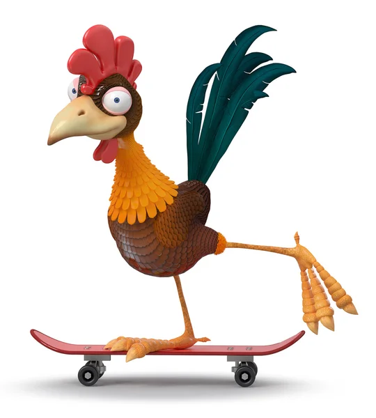 Gallo illustrazione 3d su uno skateboard — Foto Stock