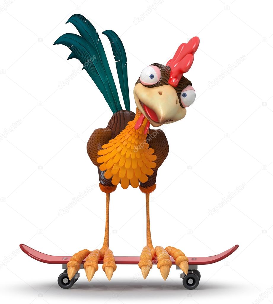 3d illustration rooster on a skateboard