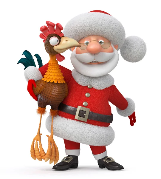 3D иллюстрация Санта-Клаус и петух — стоковое фото