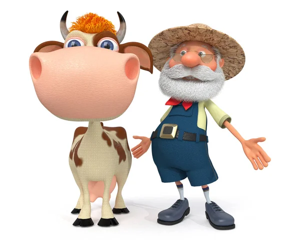 3d illustration the farmer with a cow — Stock Photo, Image