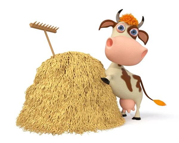 3d illustration the cow costs near a haystack — Stock Photo, Image