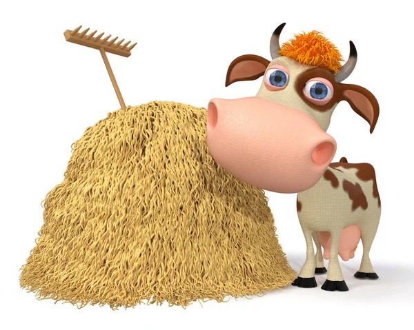 3D ilustracja krowa kosztuje w pobliżu stogu siana — Zdjęcie stockowe
