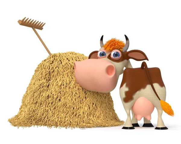 3d illustration the cow costs near a haystack — Stock Photo, Image