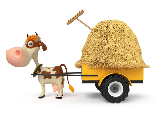 Illustration 3D la vache a de la chance le chariot avec du foin — Photo