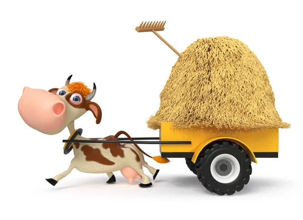 3D-s illusztráció a tehén szerencsés a szekér széna — Stock Fotó