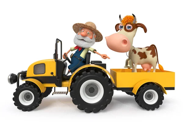 3D-s illusztráció a gazda és a tehén megy a traktor — Stock Fotó