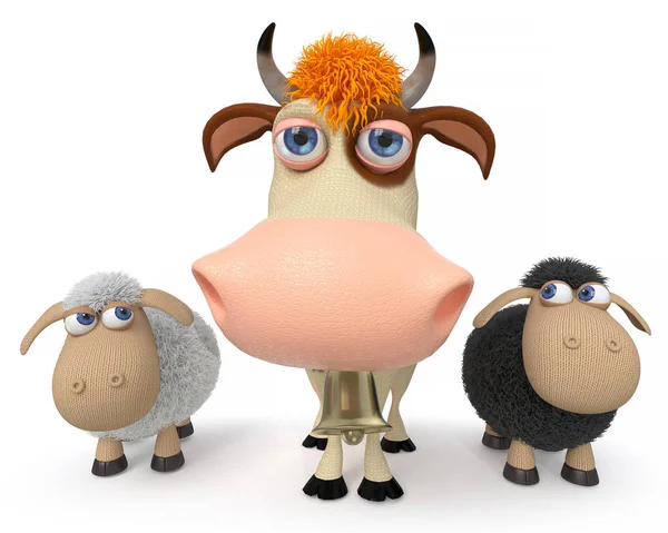 3d illustrazione una mucca con pecore — Foto Stock