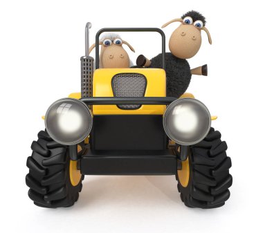 3D çizim traktöre kuzular