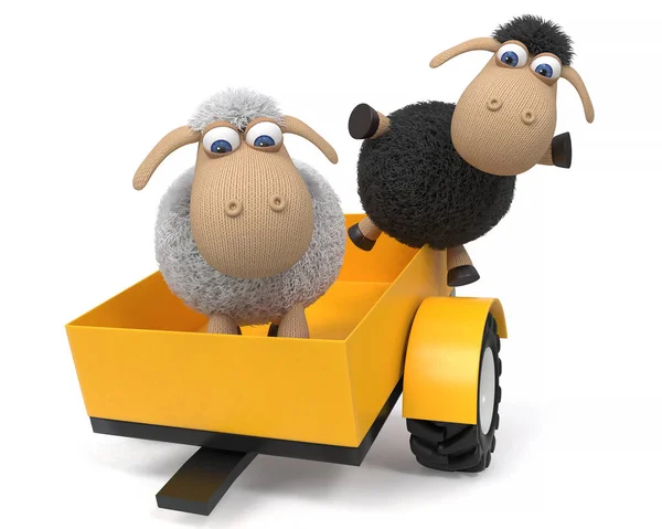3d illustration lambs on the tractor — Stock Photo, Image