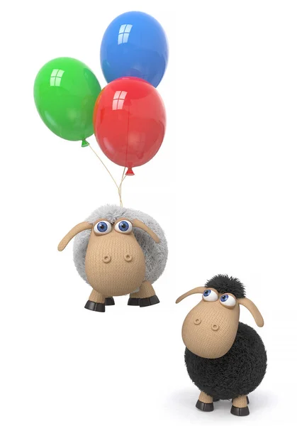 3d illustration sheep flies on the balloons — Stock Photo, Image