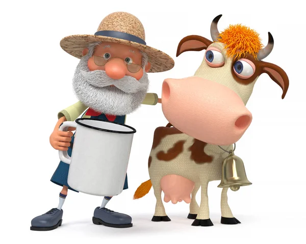 3d ilustración el agricultor con una vaca — Foto de Stock