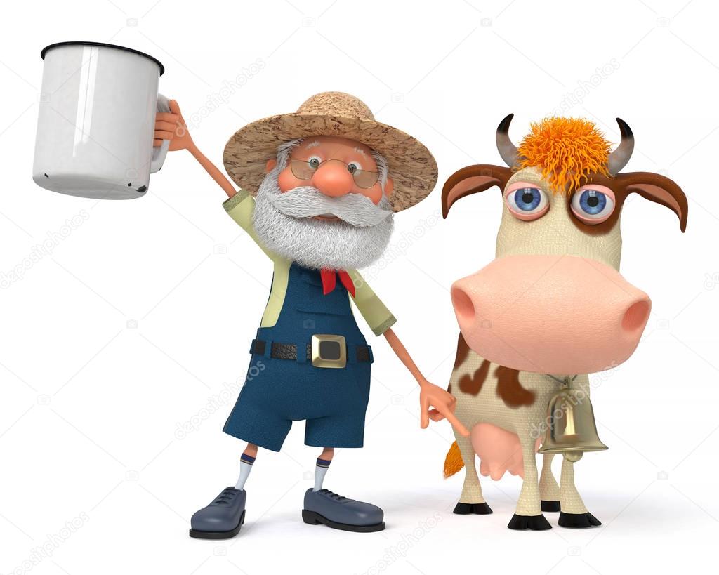 3d illustration the farmer with a cow