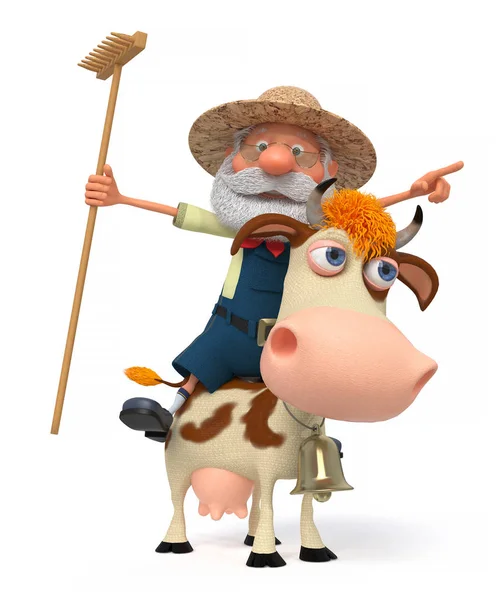 3D illustratie de landbouwer met een koe — Stockfoto
