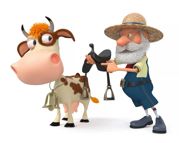 Ilustración 3d un agricultor monta su vaca —  Fotos de Stock