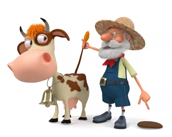 3d illustration the farmer with a cow — Stock Photo, Image
