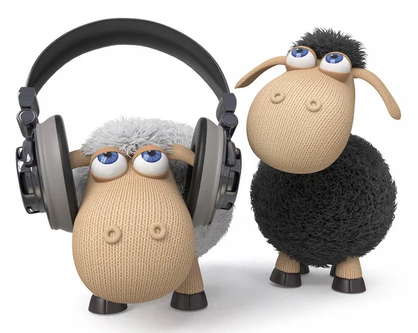 Illustration 3D moutons écouter la musique — Photo