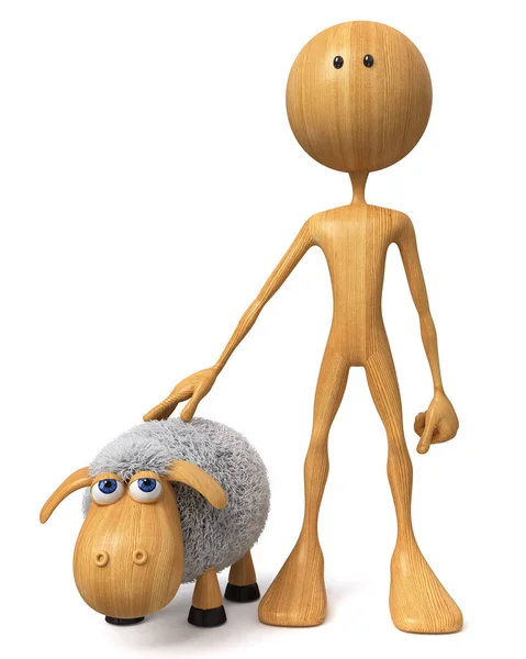 3d illustration wooden character with a sheep — Stock Photo, Image