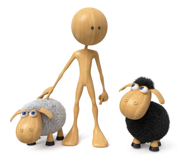 3d ilustración carácter de madera con una oveja —  Fotos de Stock