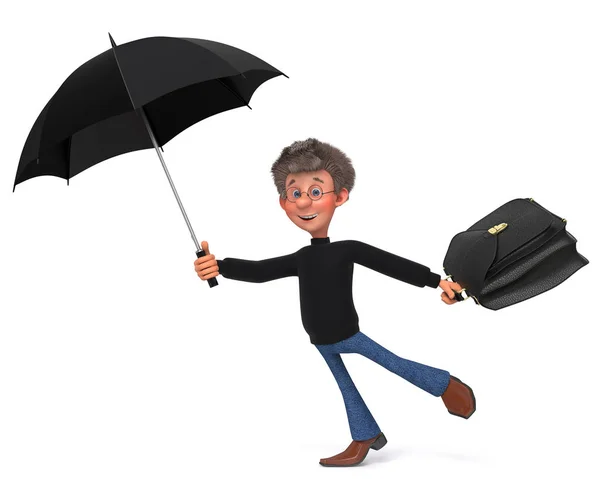 3d illustration drôle étudiant en lunettes avec parapluie — Photo