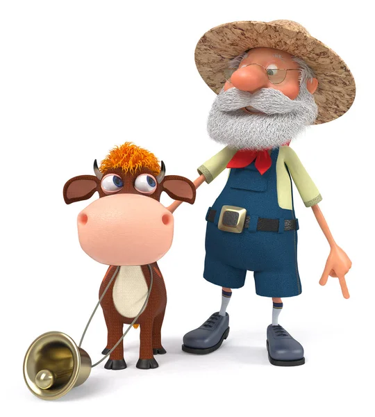 3d illustration the farmer stands with a funny calf — Stock Photo, Image