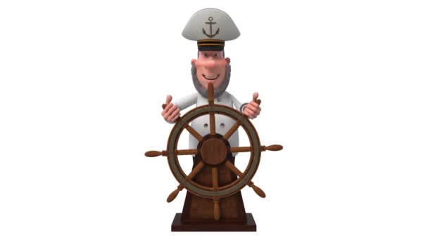3d illustration sea captain with the wheel — Stock Video
