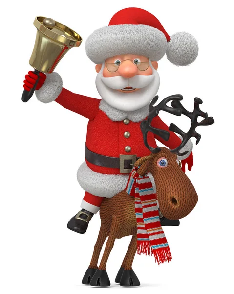 Ilustración 3d Santa Claus montado en renos con una campana — Foto de Stock