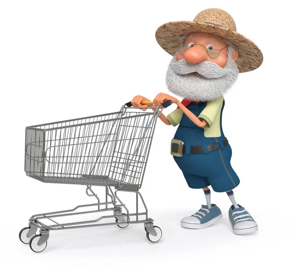 Büyük bir alışveriş sepeti ile 3D çizim çiftçi — Stok fotoğraf