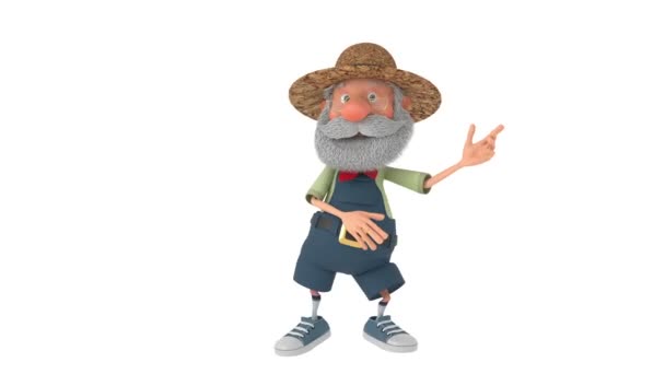 イラスト高齢者農家移動笑顔 イラストレーション祖父農民と屋外のオーバー オールでの踊り — ストック動画