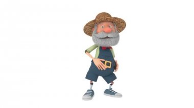 3D resimde yaşlı çiftçi açık havada bir gülümseme/The 3d çizim dedesi köylü ile tulum dansları taşır.