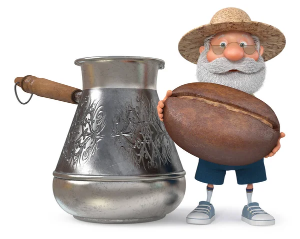 Ilustración 3D de un agricultor con un gran grano de café — Foto de Stock