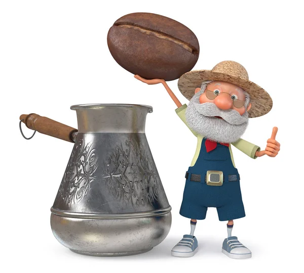 Ilustración 3D de un agricultor con un gran grano de café — Foto de Stock