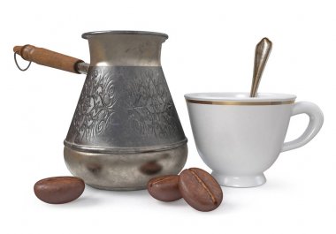 3D resimde metal Turk ve kahve çekirdekleri